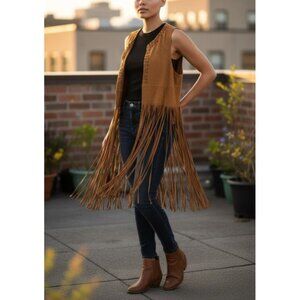 Hippie Costume Set With Fringe Vest Feather Earrings Beaded Headband & Round Sun